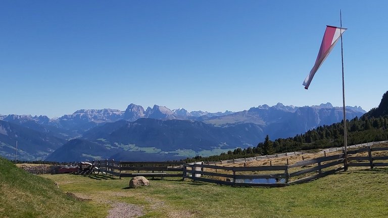 Blick von der Platzeralm auf die Dolomiten (Schlern, Marmolada)