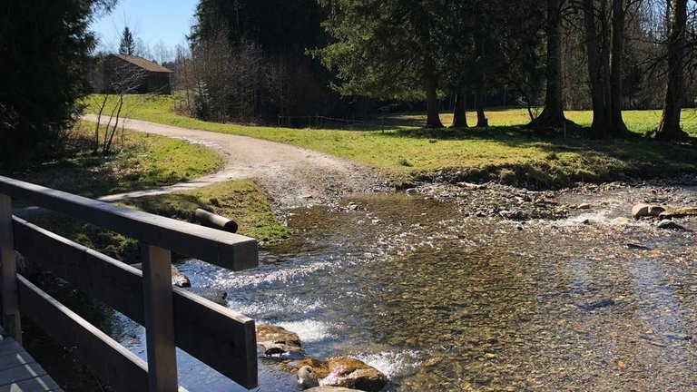 Bank und kleiner Bach bei Wanderung im Blauen Land