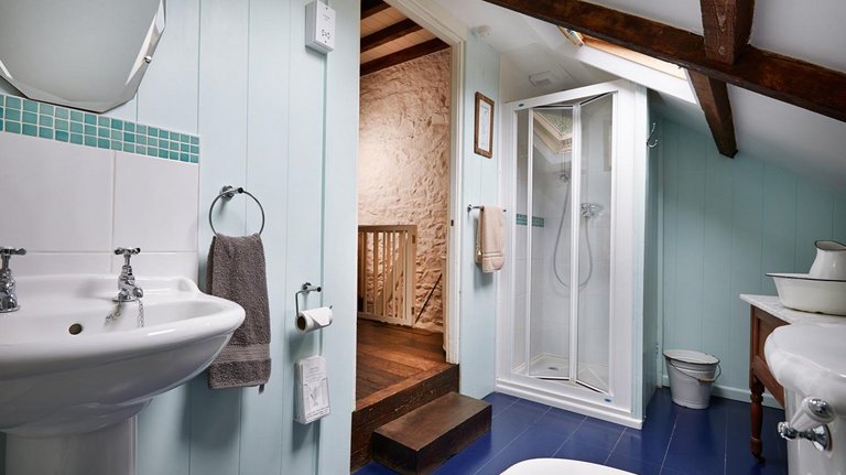 Badezimmer mit offener Dusche im walisischen Landhaus